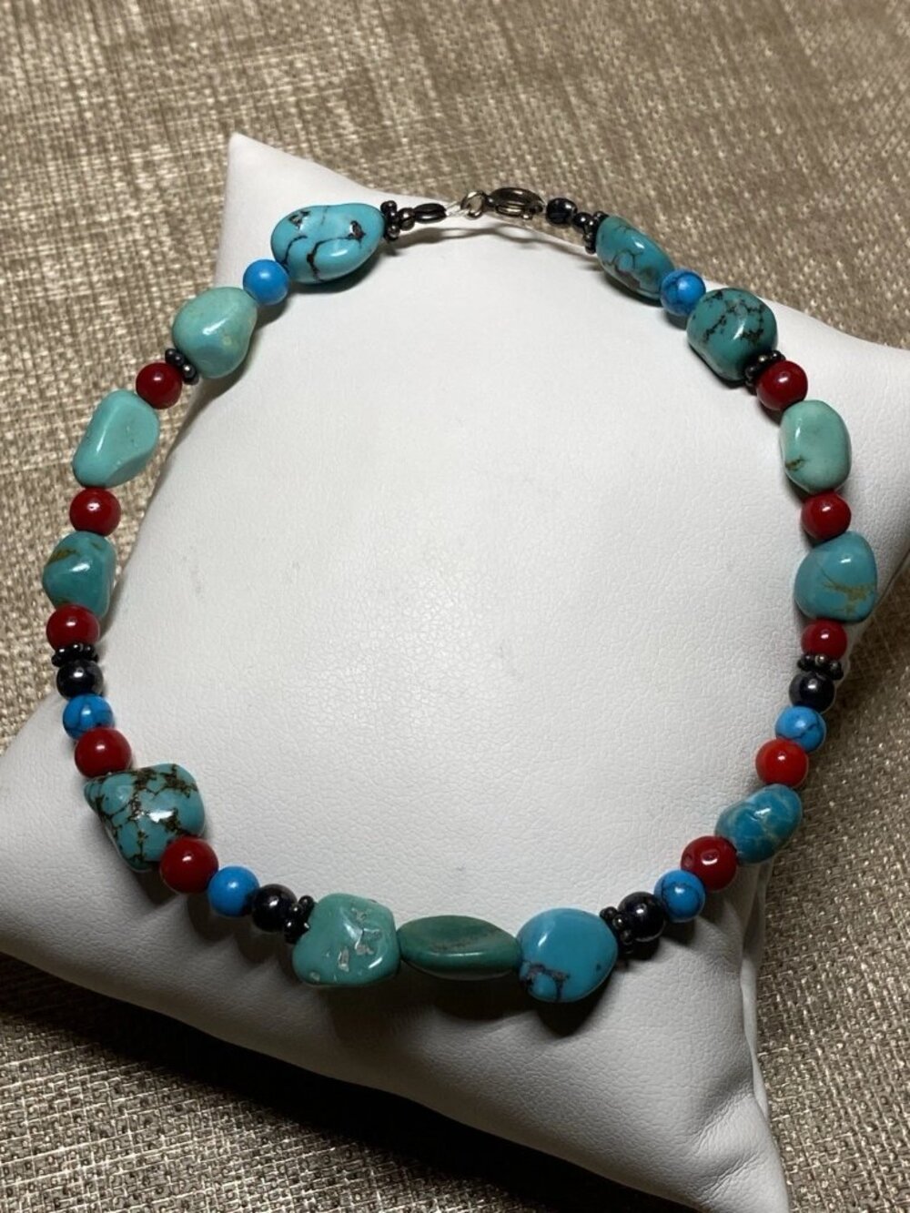 Turquoise Coral Beaded Bracelet 925 Sterling Silver Clasp 8” Multi Gemstone
